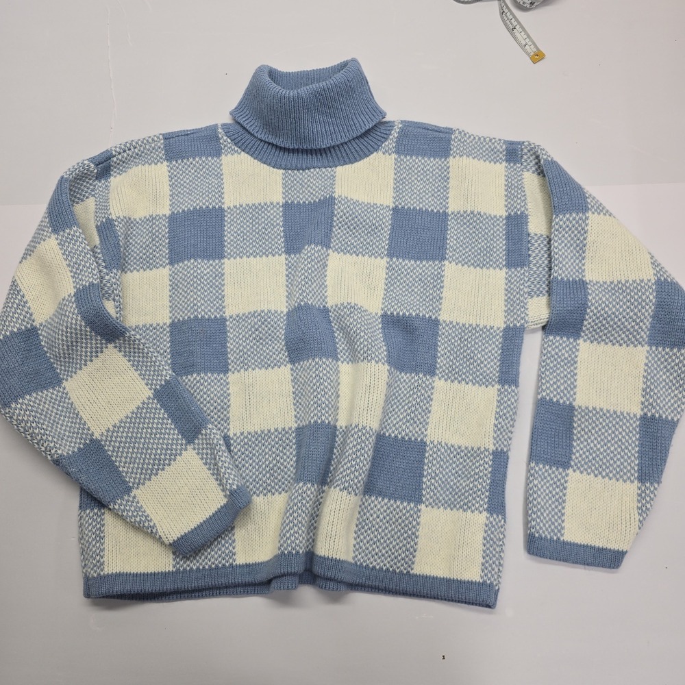 Bedford Fair Vintage Blue White Checkered Turtleneck Knit Sweater